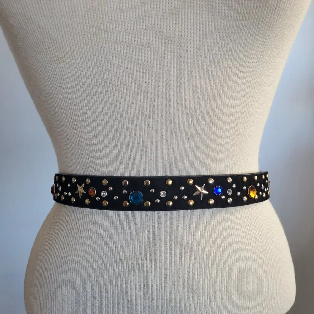 Rhinestone Star-Studded Black Velvet Metal Disco Glam Rocker Belt (Size: S/M)